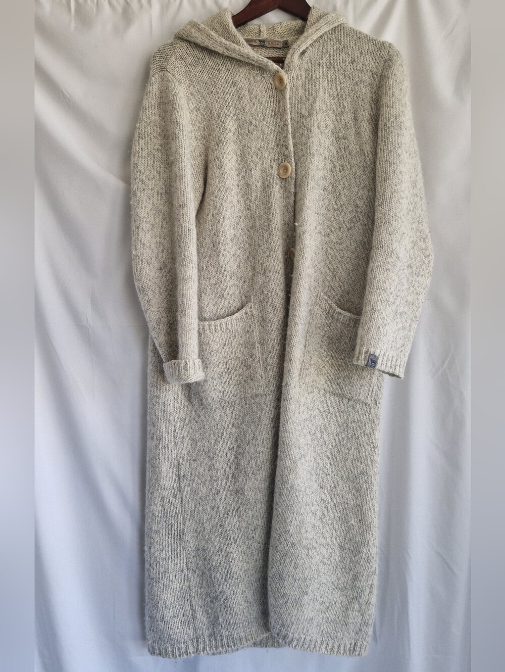 Long Hooded Cream Knit Button-Front Women’s Sweater Coat - Picture 3 of 7